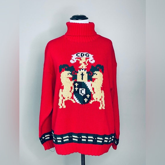 Cambridge Dry Goods Women Sweater LARGE Turtleneck Heavyweight Knit Emblem Crest - Picture 1 of 6